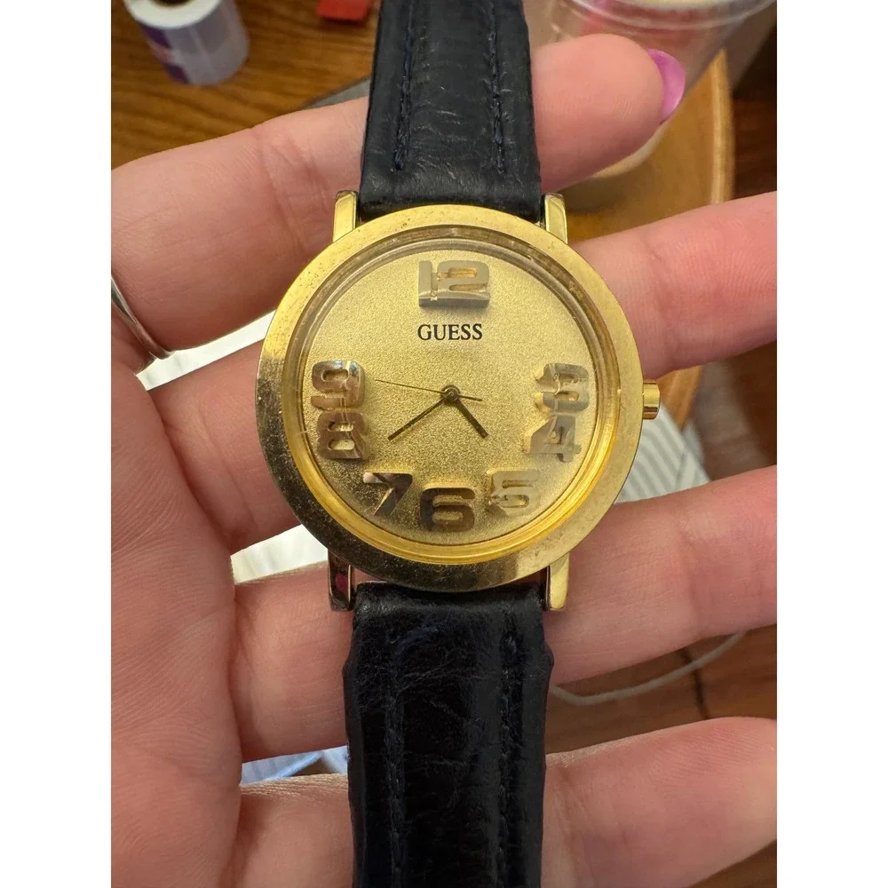 Vintage 1993 GUESS Gold Watch 3D Number Dial Black Leather 90s Retro